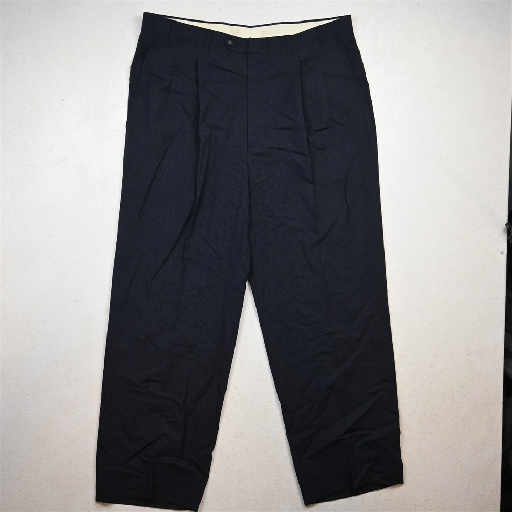 Vtg Bespoke 36x34 Blue Houndstooth Wool‎ Pleated Classic Dress Mens Pants